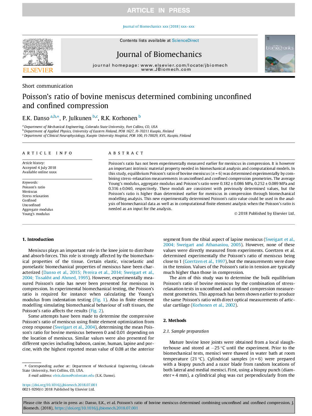 Poisson's ratio of bovine meniscus determined combining unconfined and confined compression