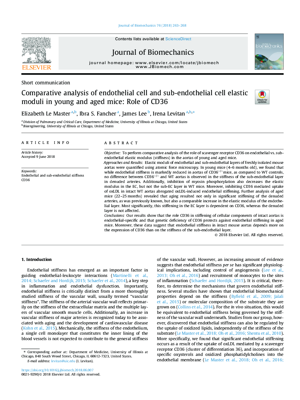 Comparative analysis of endothelial cell and sub-endothelial cell elastic moduli in young and aged mice: Role of CD36