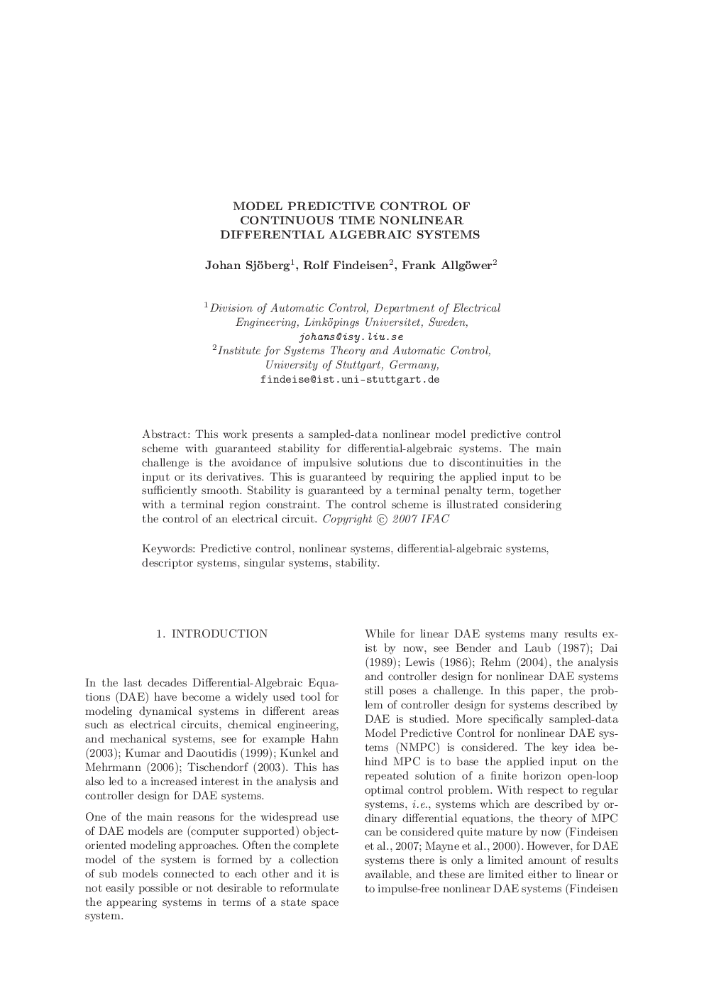 MODEL PREDICTIVE CONTROL OF CONTINUOUS TIME NONLINEAR DIFFERENTIAL ALGEBRAIC SYSTEMS