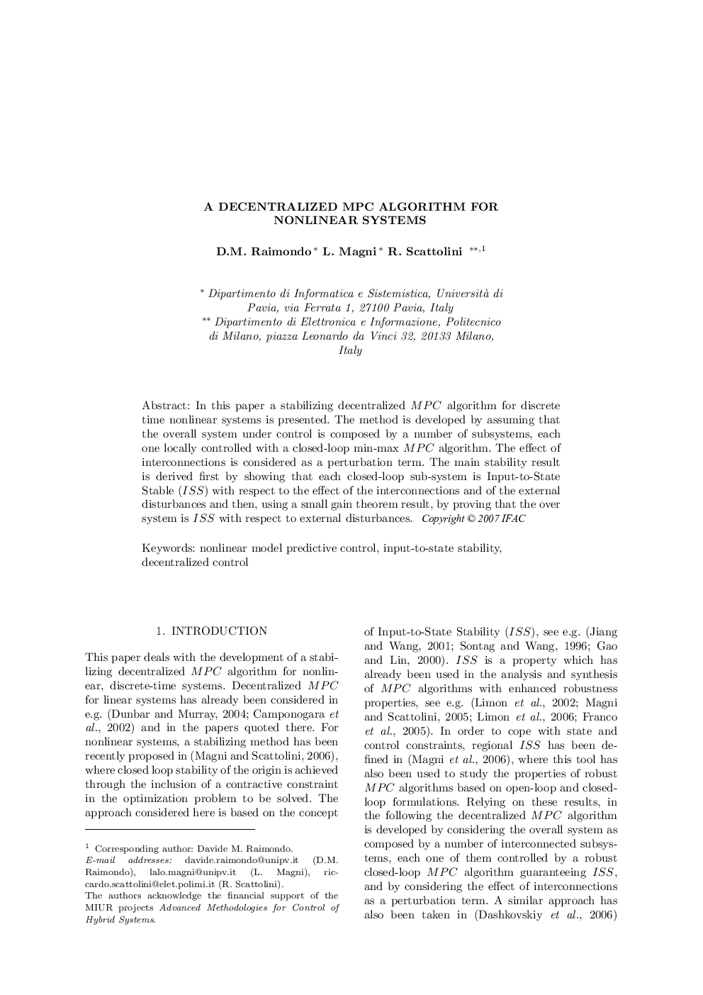 A DECENTRALIZED MPC ALGORITHM FOR NONLINEAR SYSTEMS 