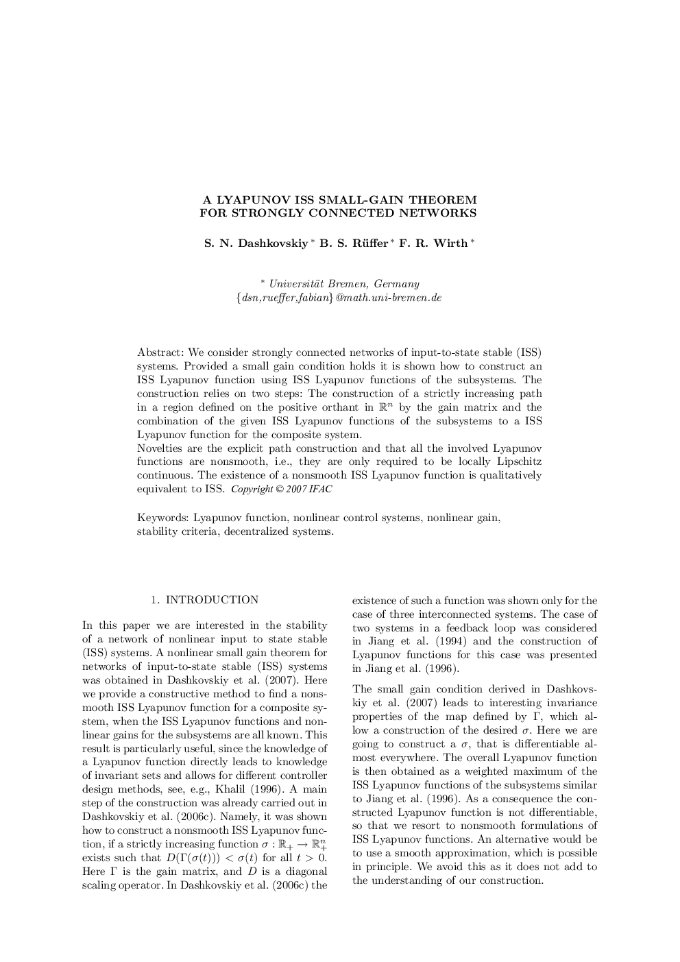 عکس صفحه اول مقاله: A LYAPUNOV ISS SMALL-GAIN THEOREM FOR STRONGLY CONNECTED NETWORKS A LYAPUNOV ISS SMALL-GAIN THEOREM FOR STRONGLY CONNECTED NETWORKS
