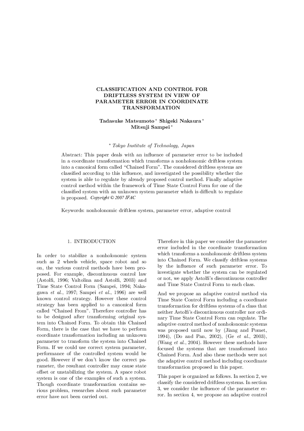 CLASSIFICATION AND CONTROL FOR DRIFTLESS SYSTEM IN VIEW OF PARAMETER ERROR IN COORDINATE TRANSFORMATION