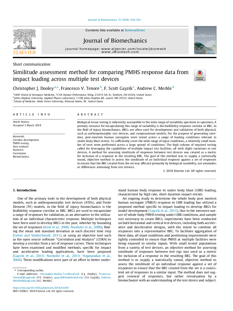 Similitude assessment method for comparing PMHS response data from impact loading across multiple test devices