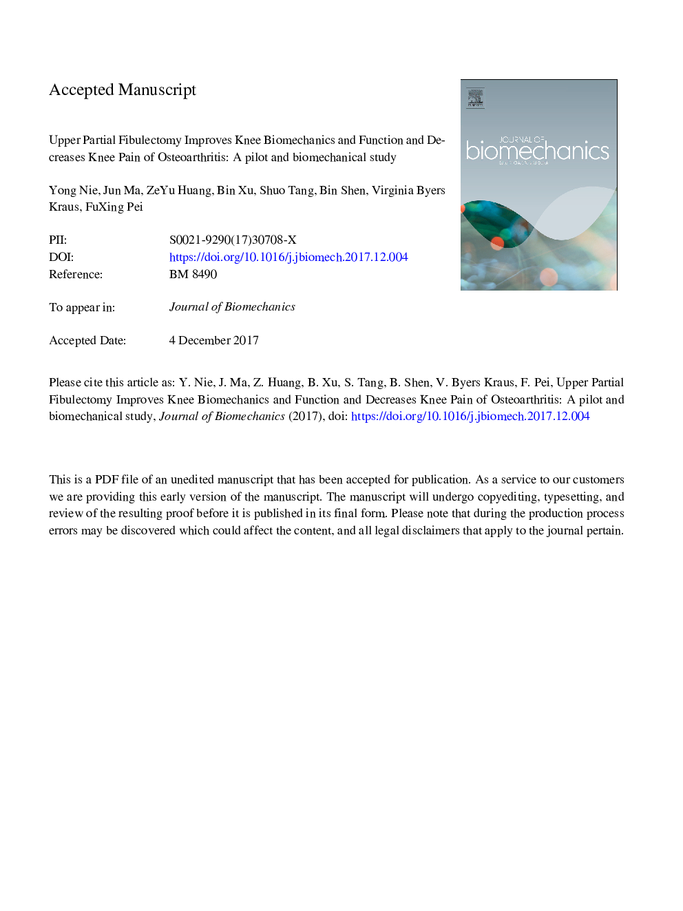 Upper partial fibulectomy improves knee biomechanics and function and decreases knee pain of osteoarthritis: A pilot and biomechanical study