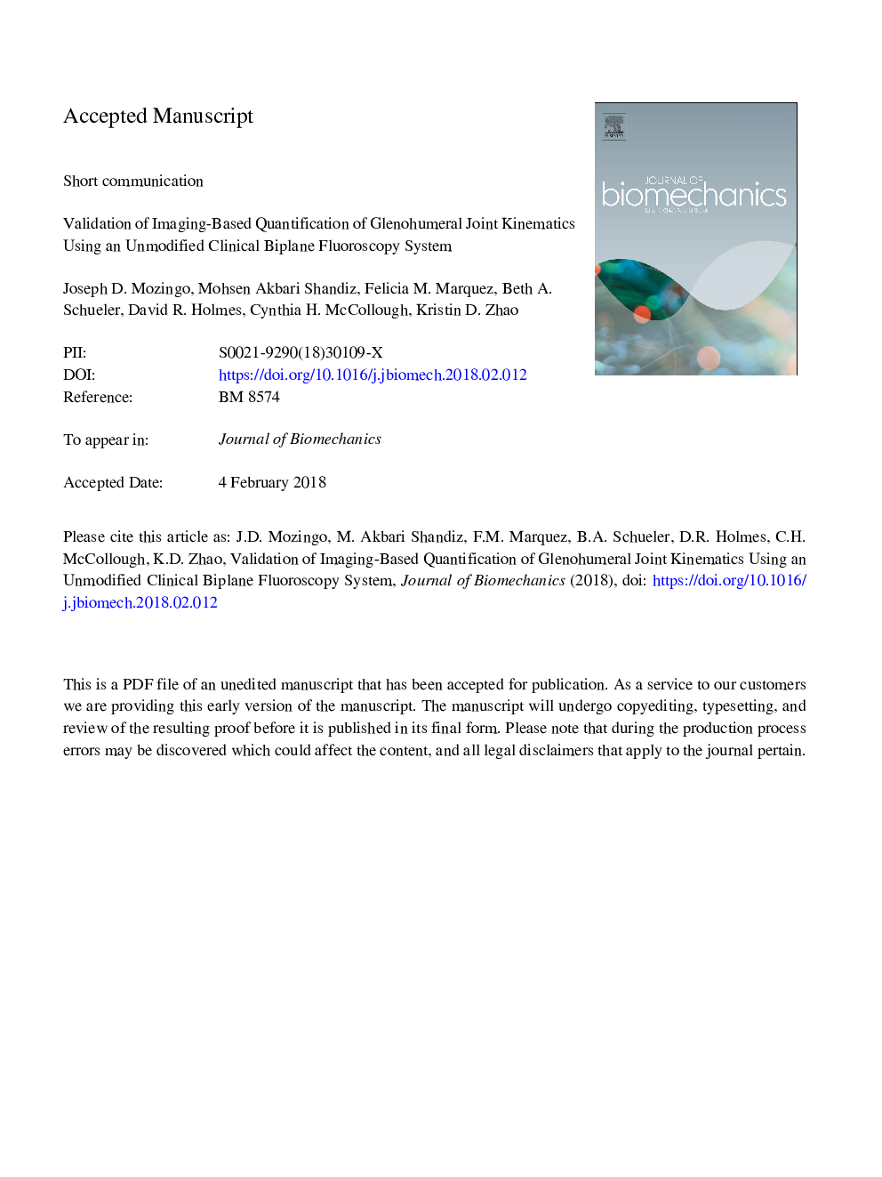 Validation of imaging-based quantification of glenohumeral joint kinematics using an unmodified clinical biplane fluoroscopy system