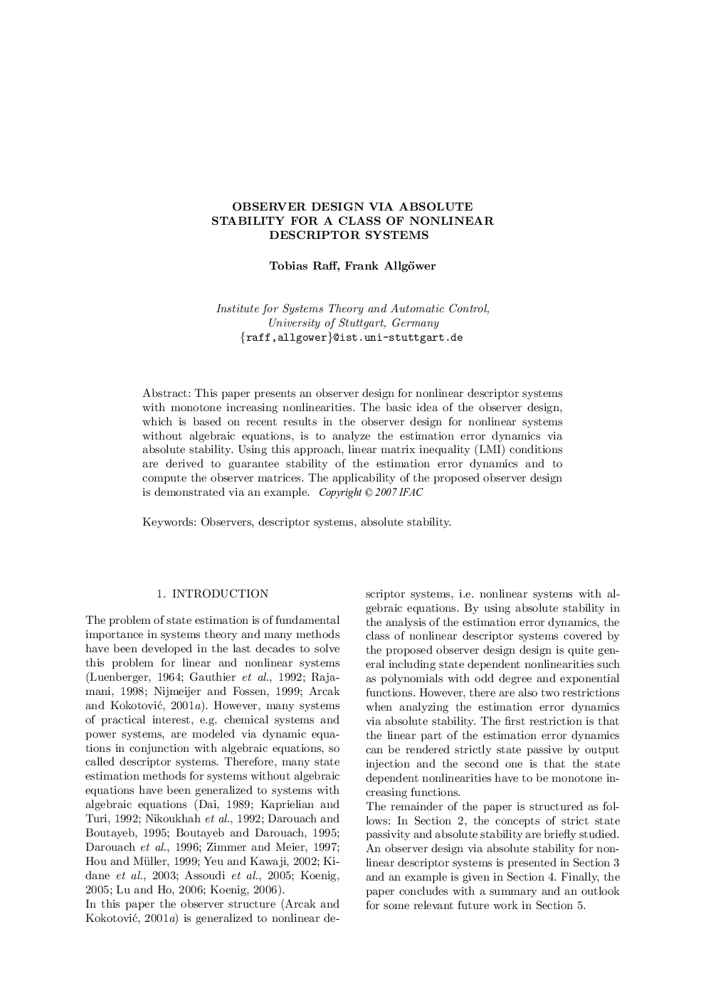 OBSERVER DESIGN VIA ABSOLUTE STABILITY FOR A CLASS OF NONLINEAR DESCRIPTOR SYSTEMS