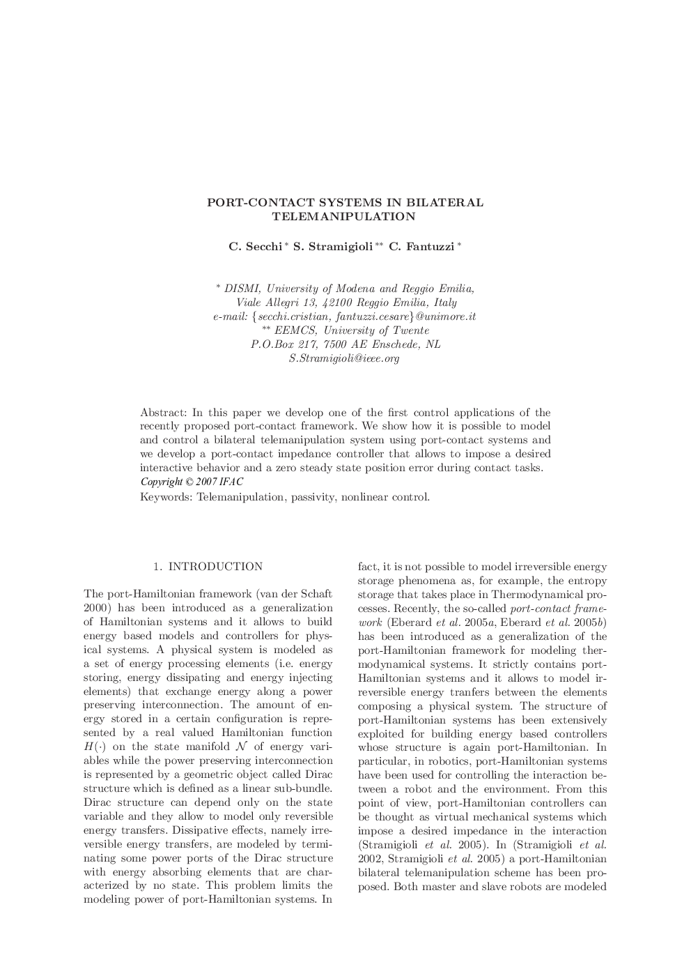 PORT-CONTACT SYSTEMS IN BILATERAL TELEMANIPULATION