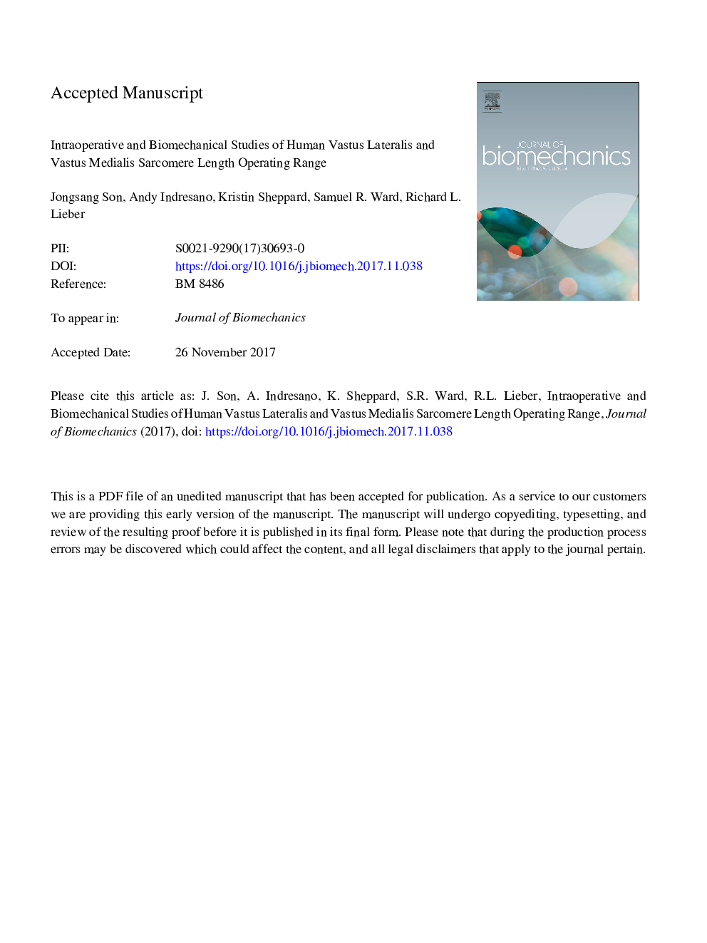 Intraoperative and biomechanical studies of human vastus lateralis and vastus medialis sarcomere length operating range