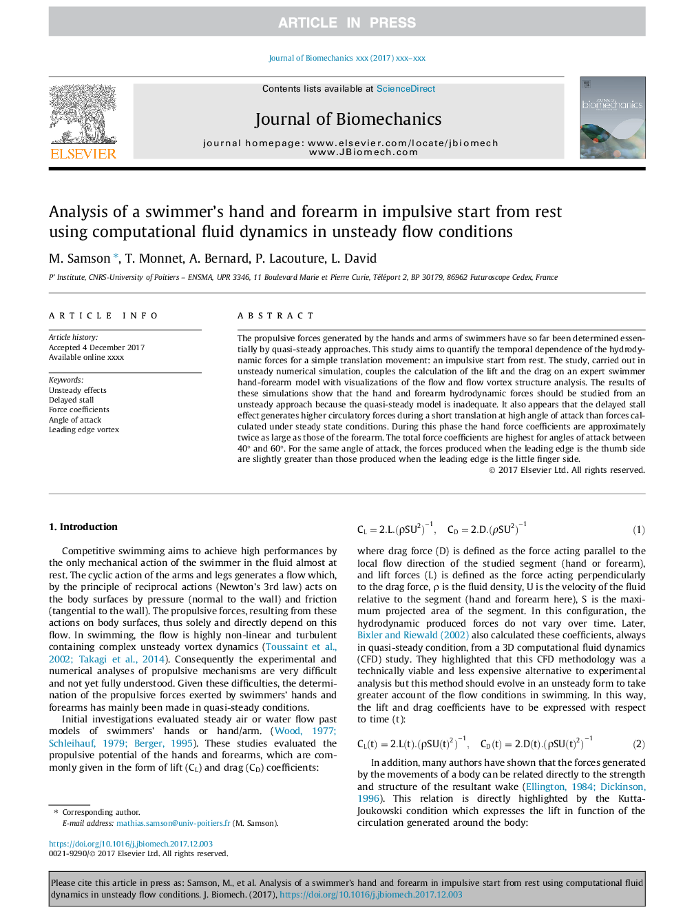 Analysis of a swimmer's hand and forearm in impulsive start from rest using computational fluid dynamics in unsteady flow conditions