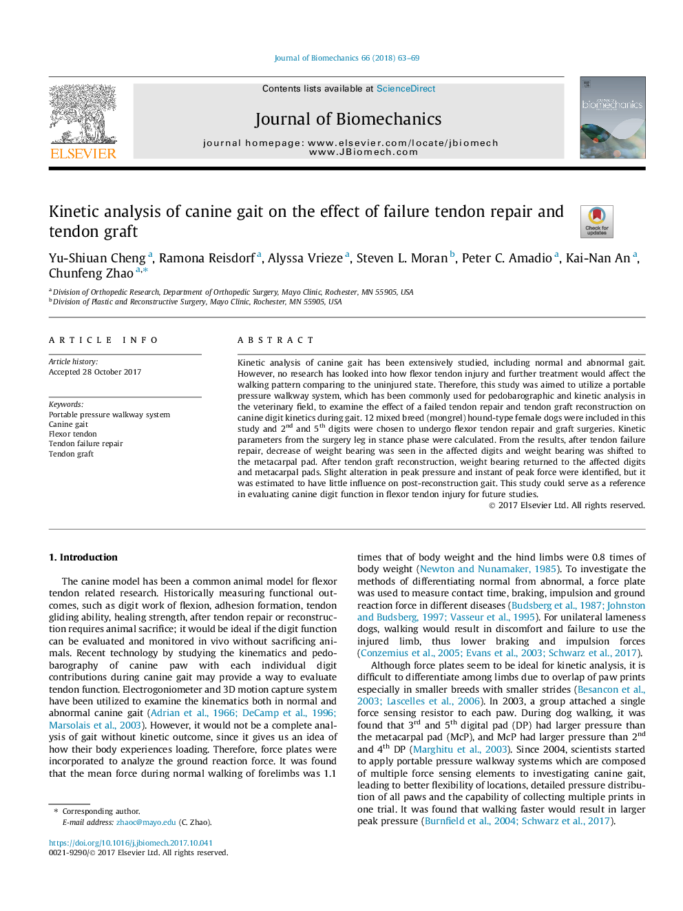 Kinetic analysis of canine gait on the effect of failure tendon repair and tendon graft