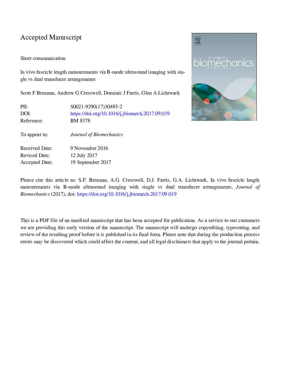 In vivo fascicle length measurements via B-mode ultrasound imaging with single vs dual transducer arrangements