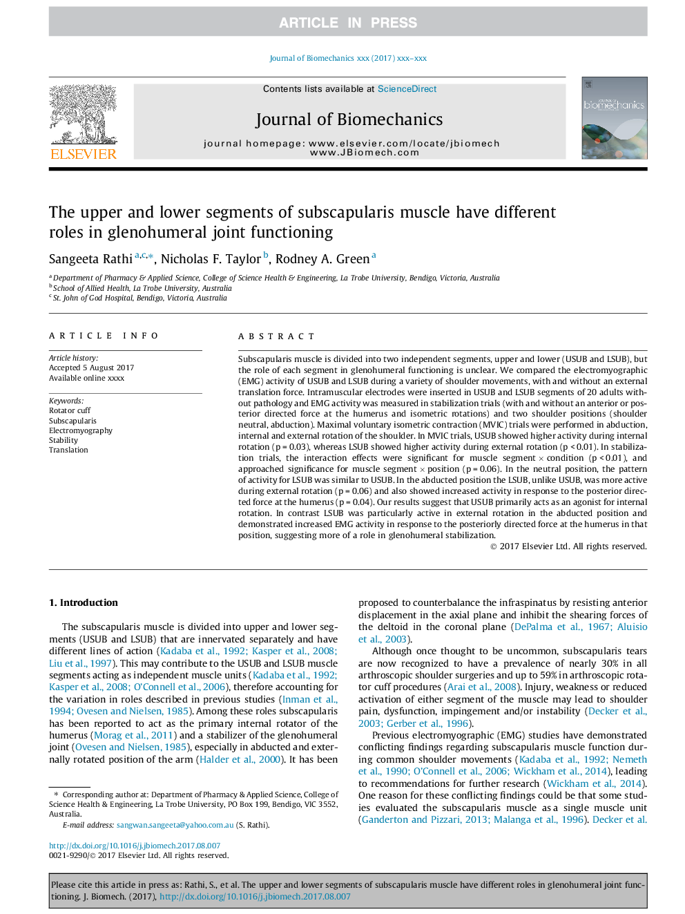 The upper and lower segments of subscapularis muscle have different roles in glenohumeral joint functioning