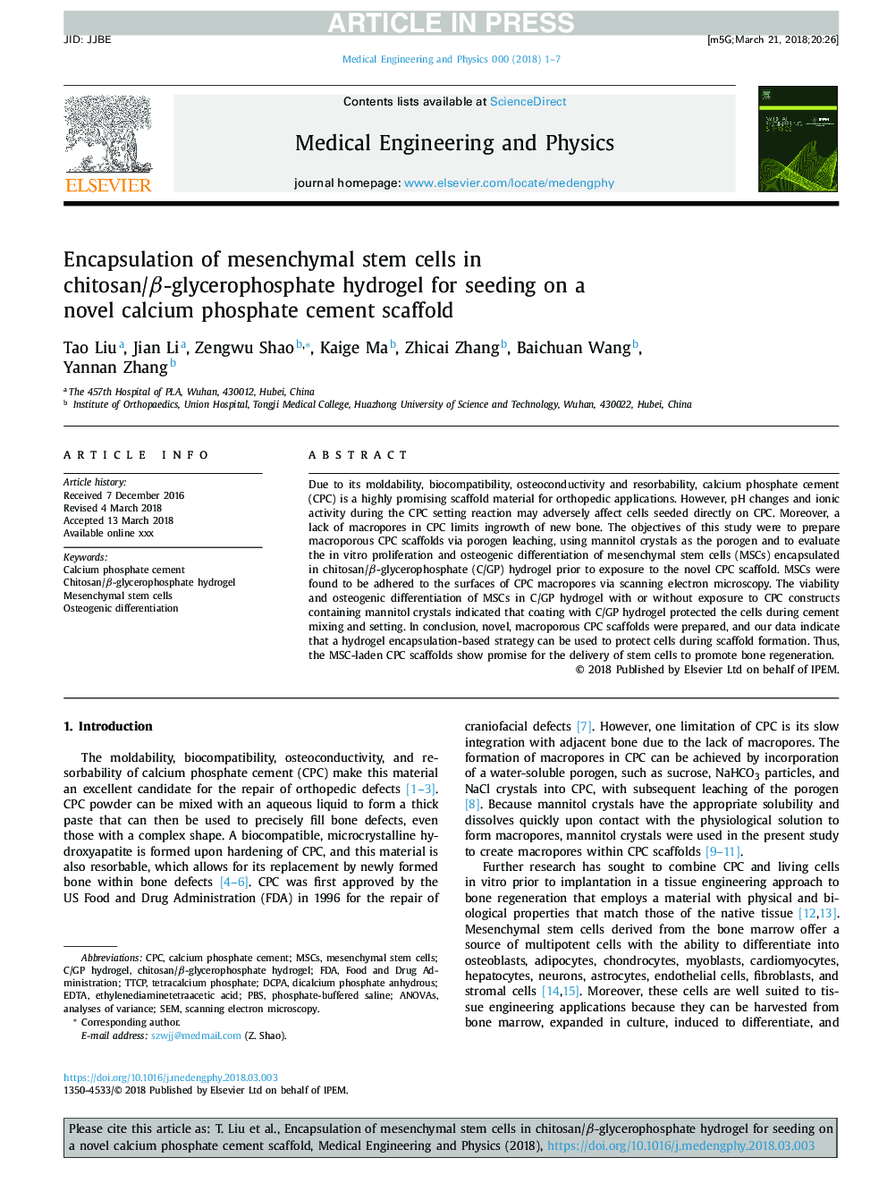 Encapsulation of mesenchymal stem cells in chitosan/Î²-glycerophosphate hydrogel for seeding on a novel calcium phosphate cement scaffold