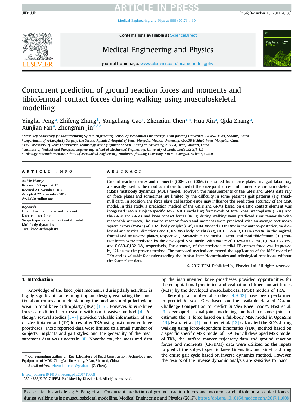 Concurrent prediction of ground reaction forces and moments and tibiofemoral contact forces during walking using musculoskeletal modelling