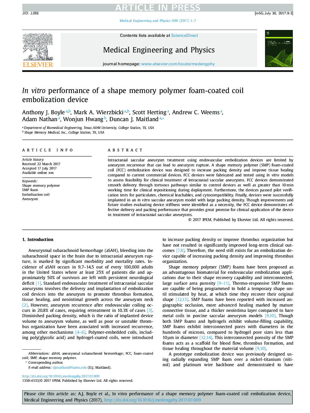 In vitro performance of a shape memory polymer foam-coated coil embolization device