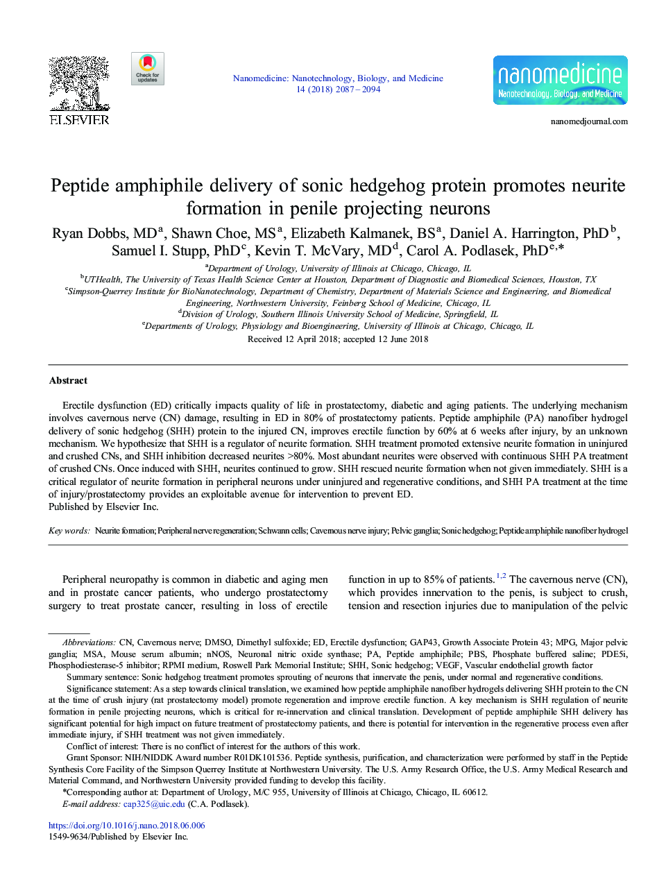 Peptide amphiphile delivery of sonic hedgehog protein promotes neurite formation in penile projecting neurons