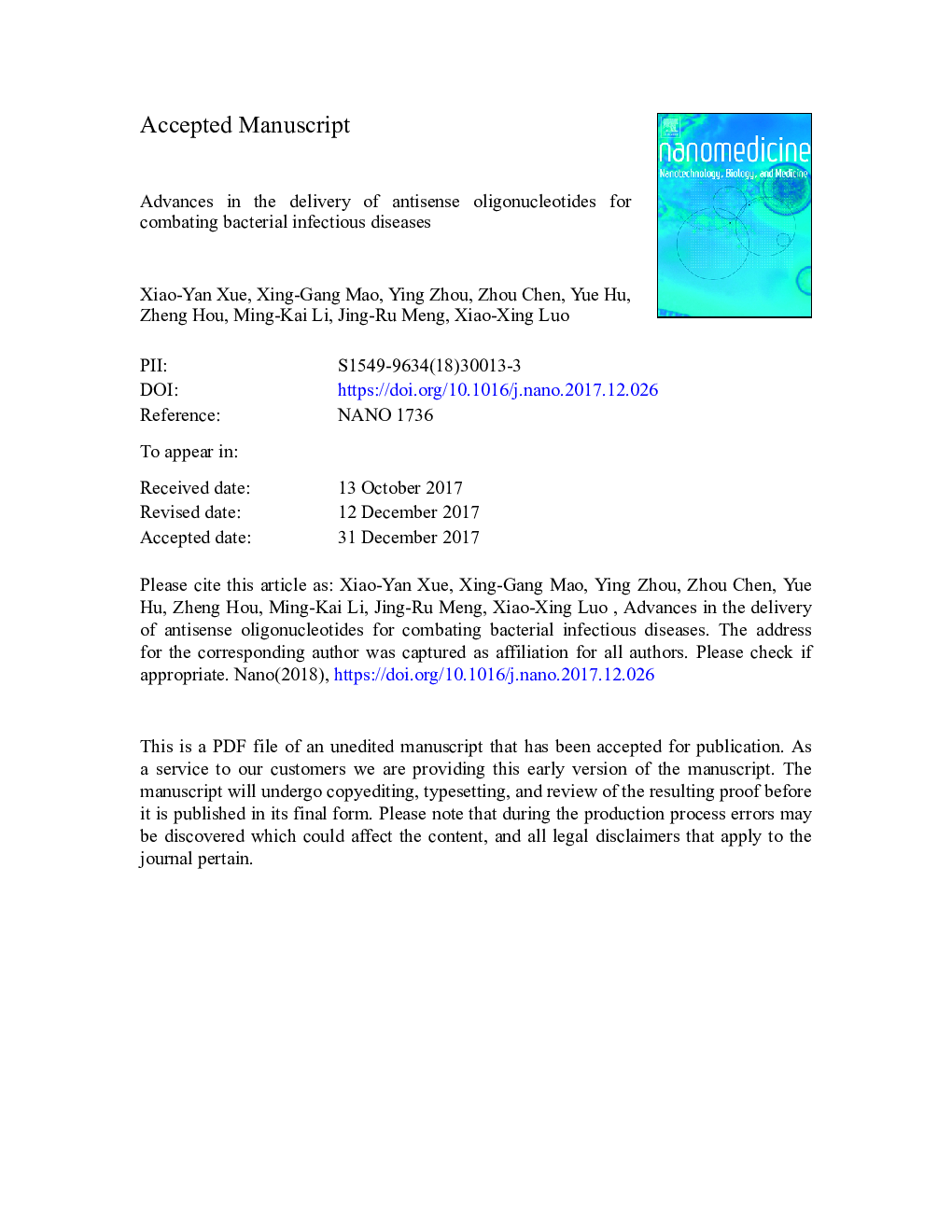 عکس صفحه اول مقاله: Advances in the delivery of antisense oligonucleotides for combating bacterial infectious diseases Advances in the delivery of antisense oligonucleotides for combating bacterial infectious diseases