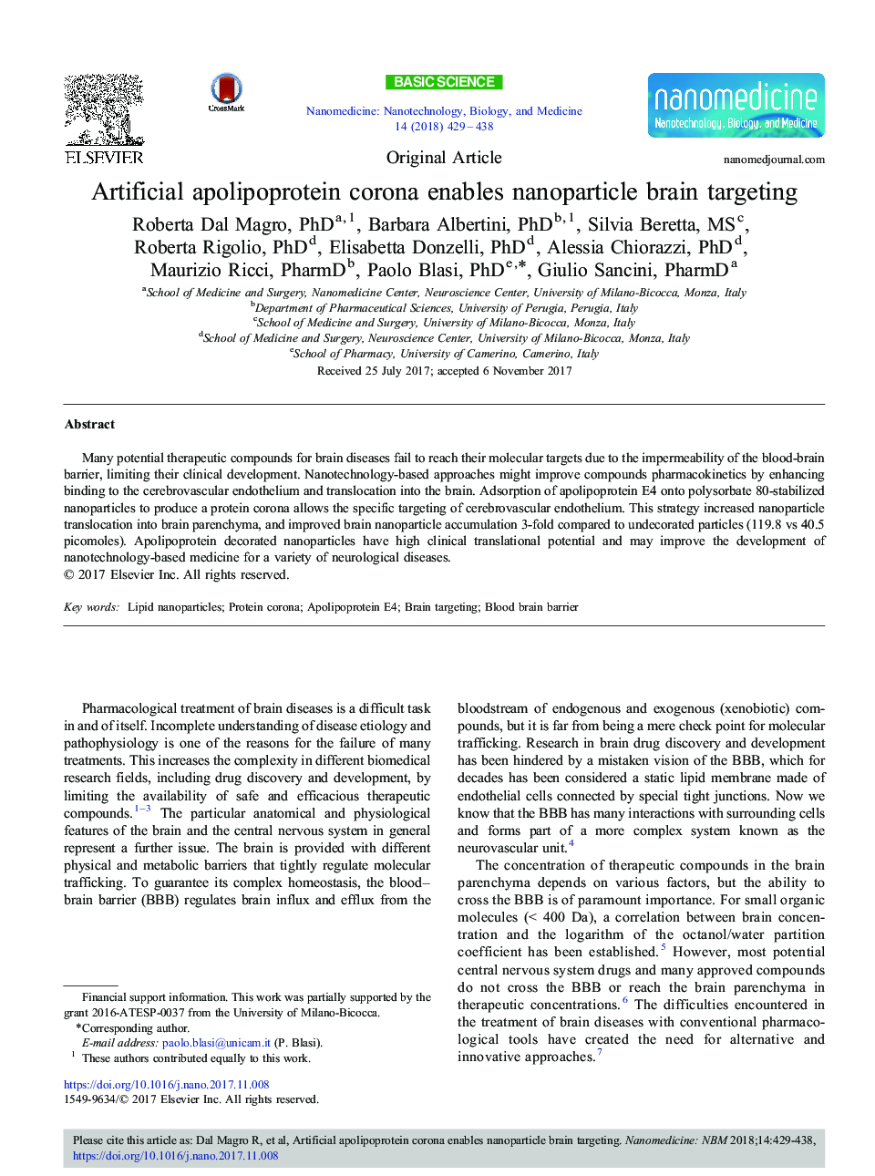 Artificial apolipoprotein corona enables nanoparticle brain targeting