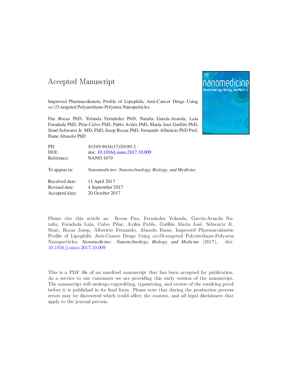 Improved pharmacokinetic profile of lipophilic anti-cancer drugs using Î±Î½Î²3-targeted polyurethane-polyurea nanoparticles