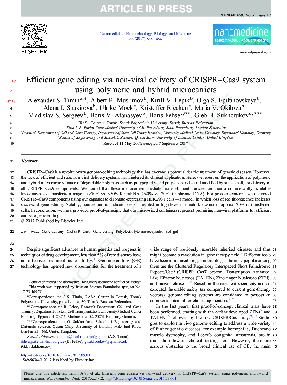 Efficient gene editing via non-viral delivery of CRISPR-Cas9 system using polymeric and hybrid microcarriers