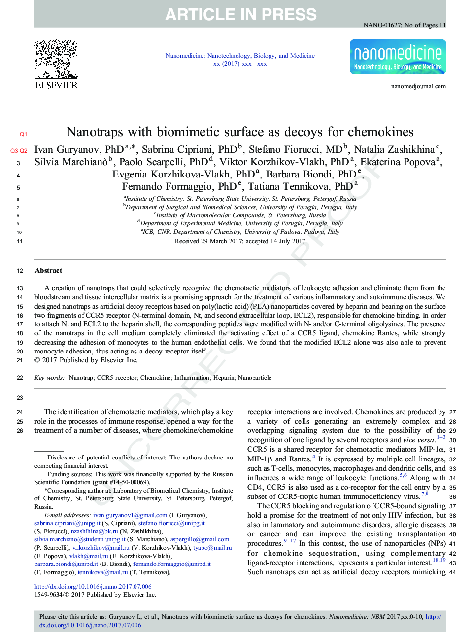 Nanotraps with biomimetic surface as decoys for chemokines