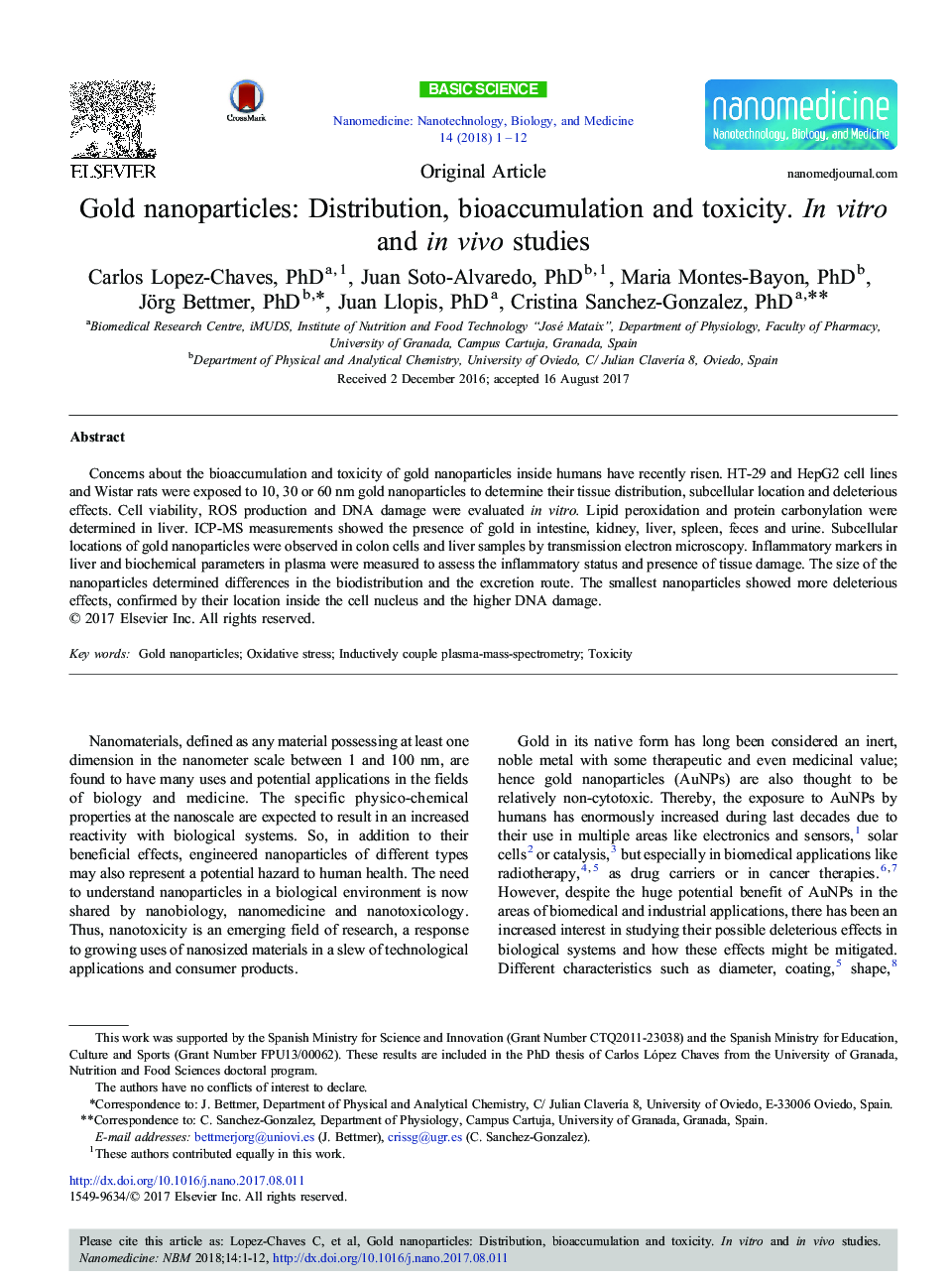 Gold nanoparticles: Distribution, bioaccumulation and toxicity. In vitro and in vivo studies