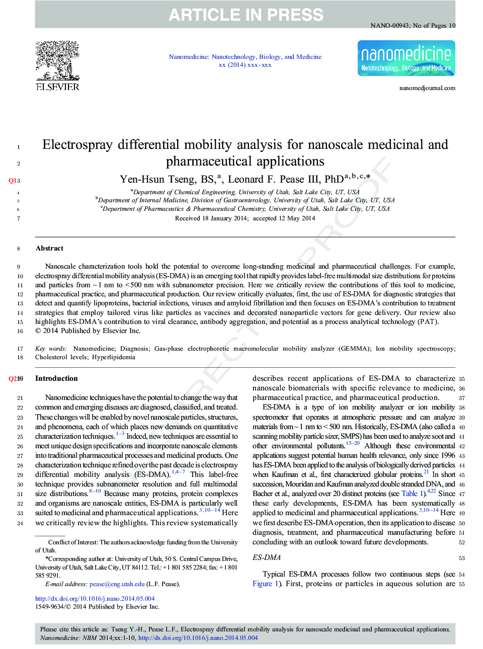تجزیه و تحلیل تحرک دیفرانسیل الکترو اسپری برای کاربردهای دارویی و دارویی نانو 