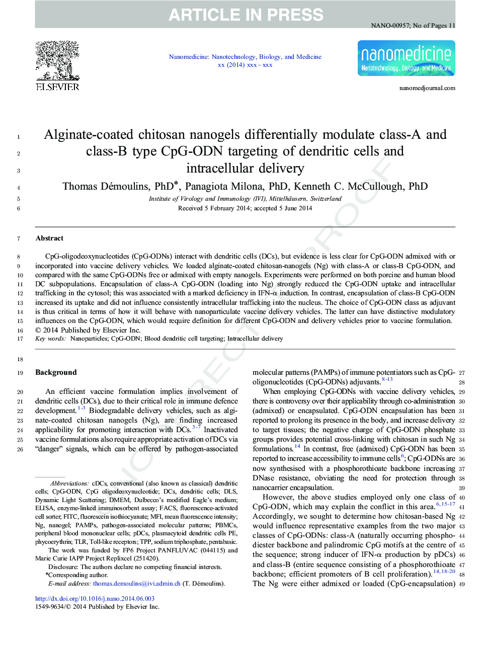 Alginate-coated chitosan nanogels differentially modulate class-A and class-B CpG-ODN targeting of dendritic cells and intracellular delivery