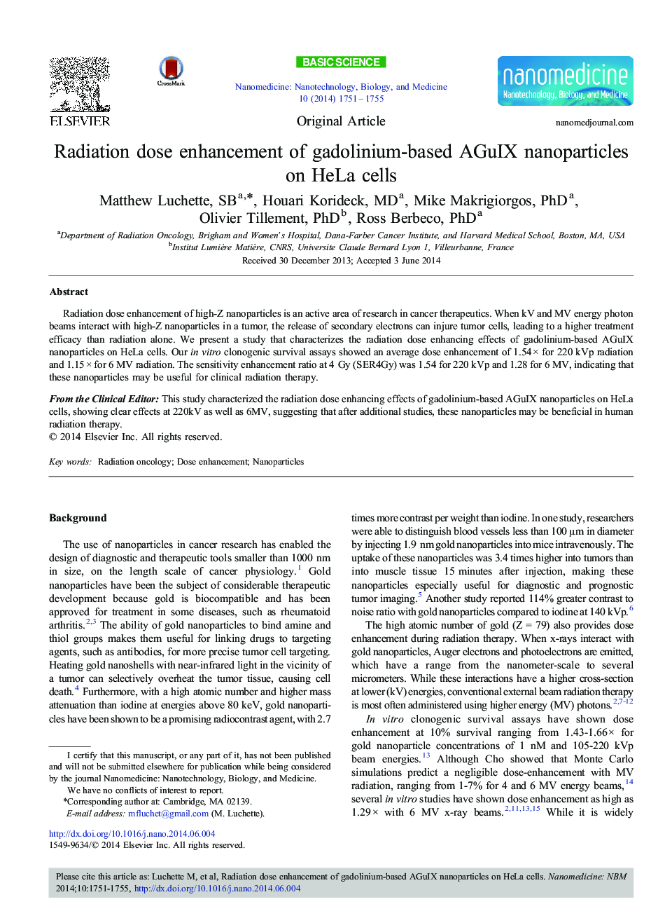 Radiation dose enhancement of gadolinium-based AGuIX nanoparticles on HeLa cells