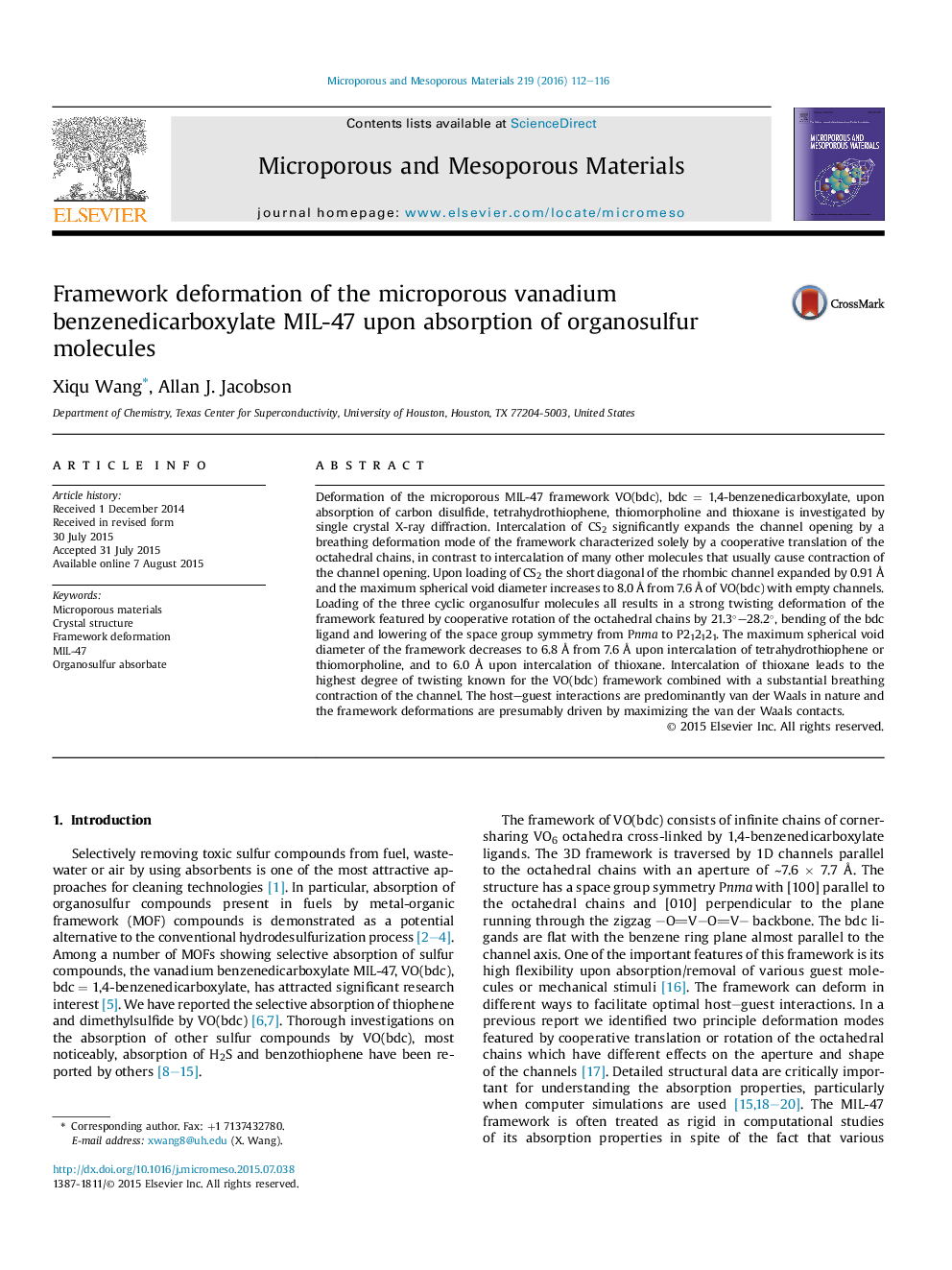 Framework deformation of the microporous vanadium benzenedicarboxylate MIL-47 upon absorption of organosulfur molecules