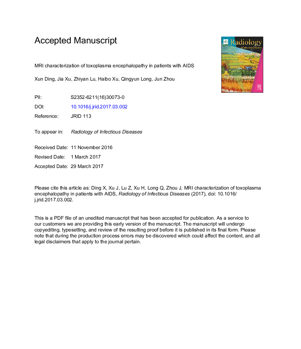 MRI characterization of toxoplasma encephalopathy in patients with AIDS