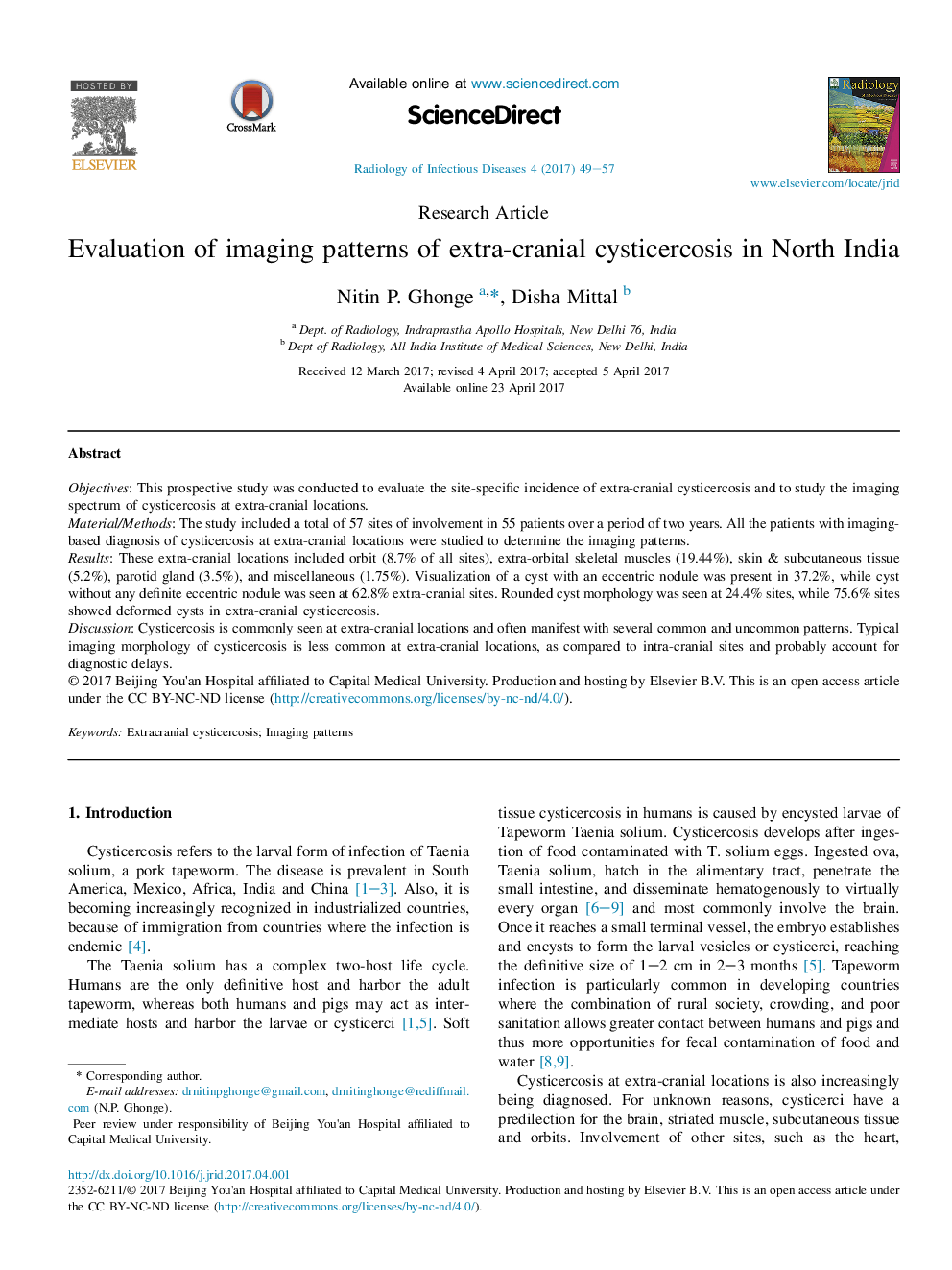 Evaluation of imaging patterns of extra-cranial cysticercosis in North India