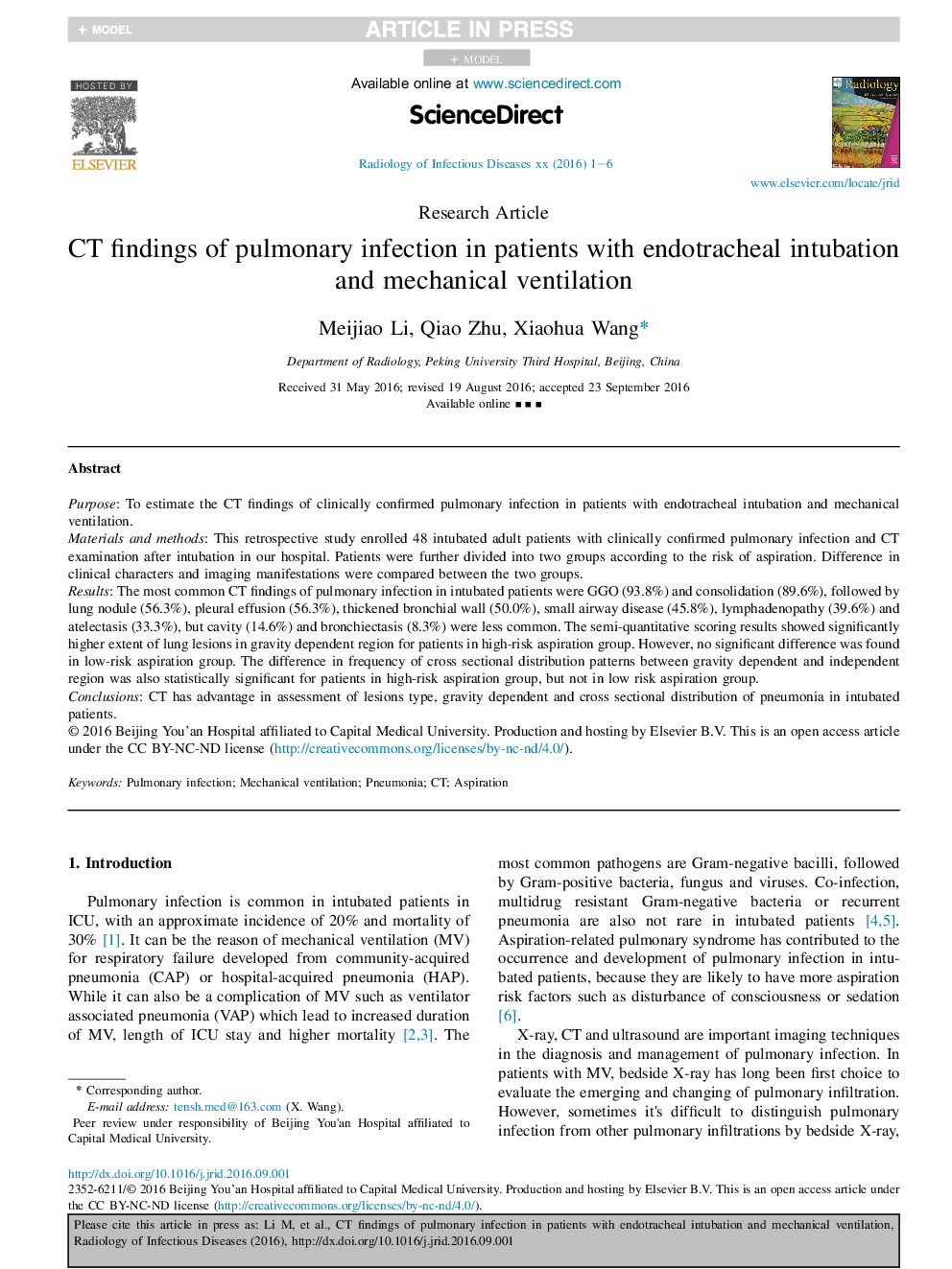 CT findings of pulmonary infection in patients with endotracheal intubation and mechanical ventilation