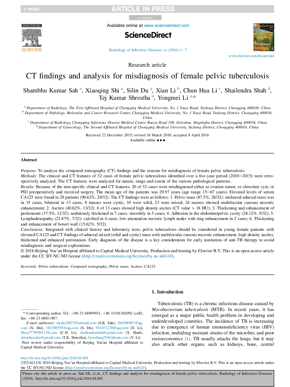 CT findings and analysis for misdiagnosis of female pelvic tuberculosis