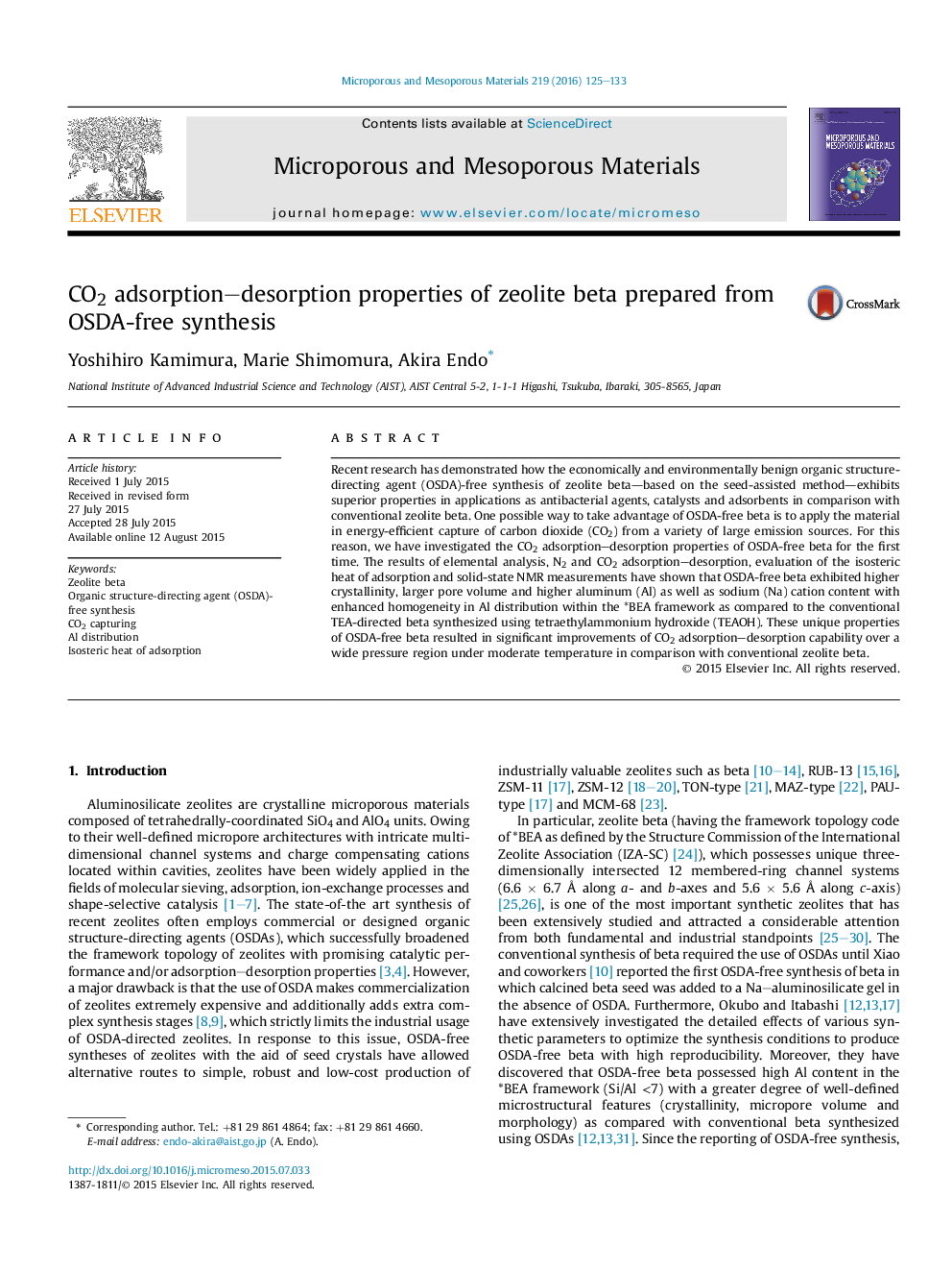 CO2 adsorption–desorption properties of zeolite beta prepared from OSDA-free synthesis