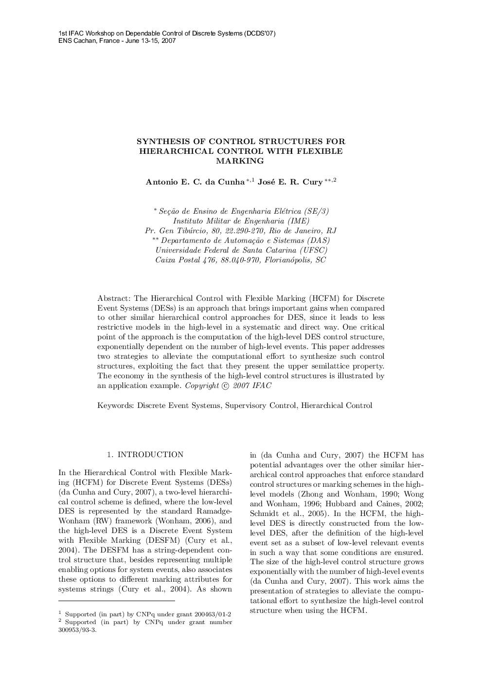 SYNTHESIS OF CONTROL STRUCTURES FOR HIERARCHICAL CONTROL WITH FLEXIBLE MARKING