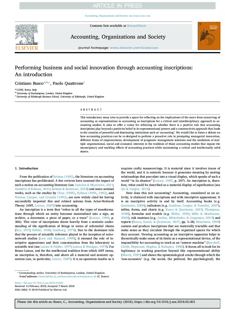 Performing business and social innovation through accounting inscriptions: An introduction