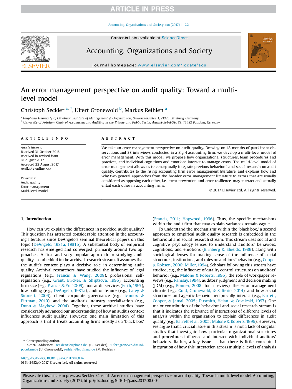 An error management perspective on audit quality: Toward a multi-level model