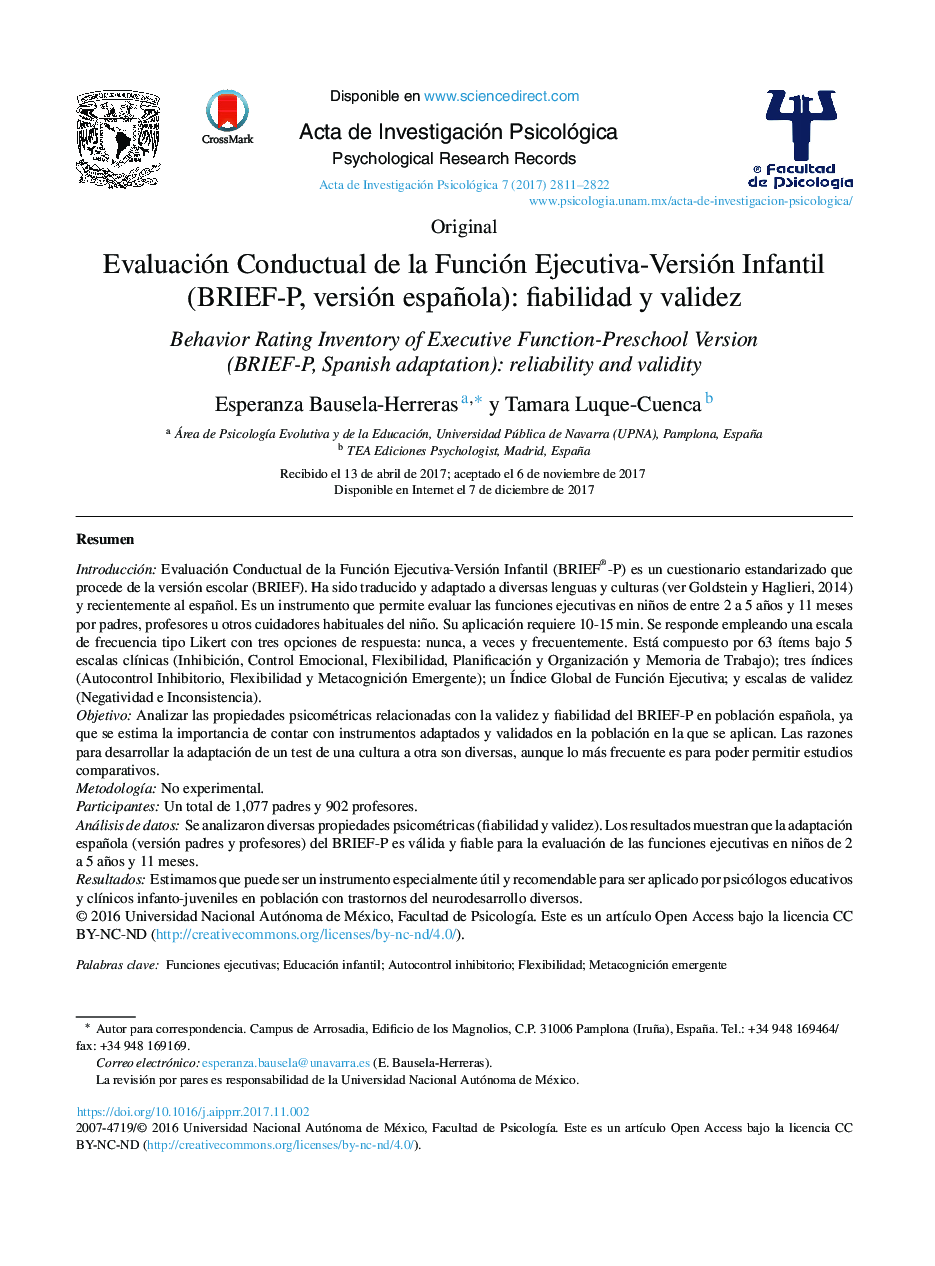 Evaluación Conductual de la Función Ejecutiva-Versión Infantil (BRIEF-P, versión española): fiabilidad y validez