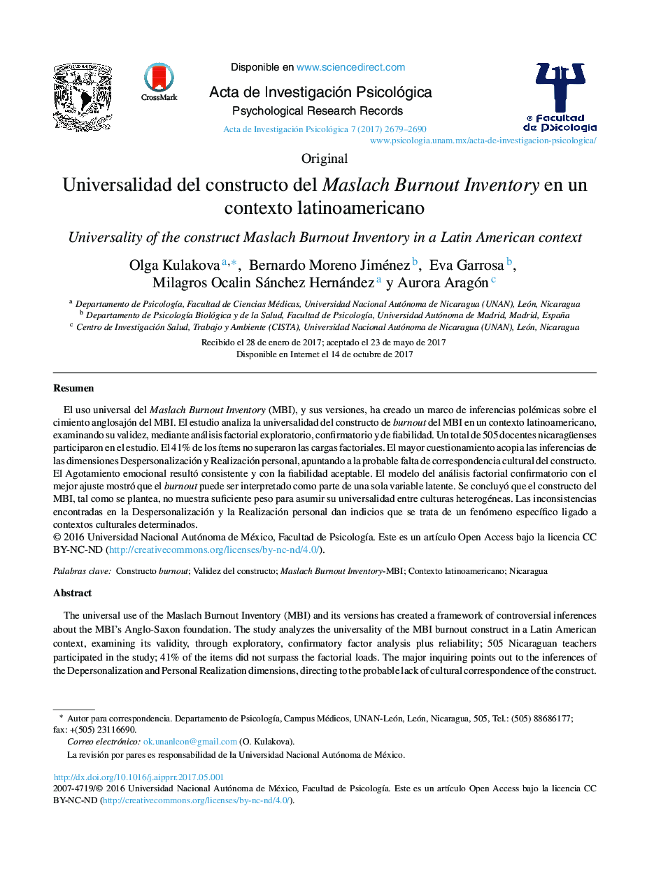 Universalidad del constructo del Maslach Burnout Inventory en un contexto latinoamericano