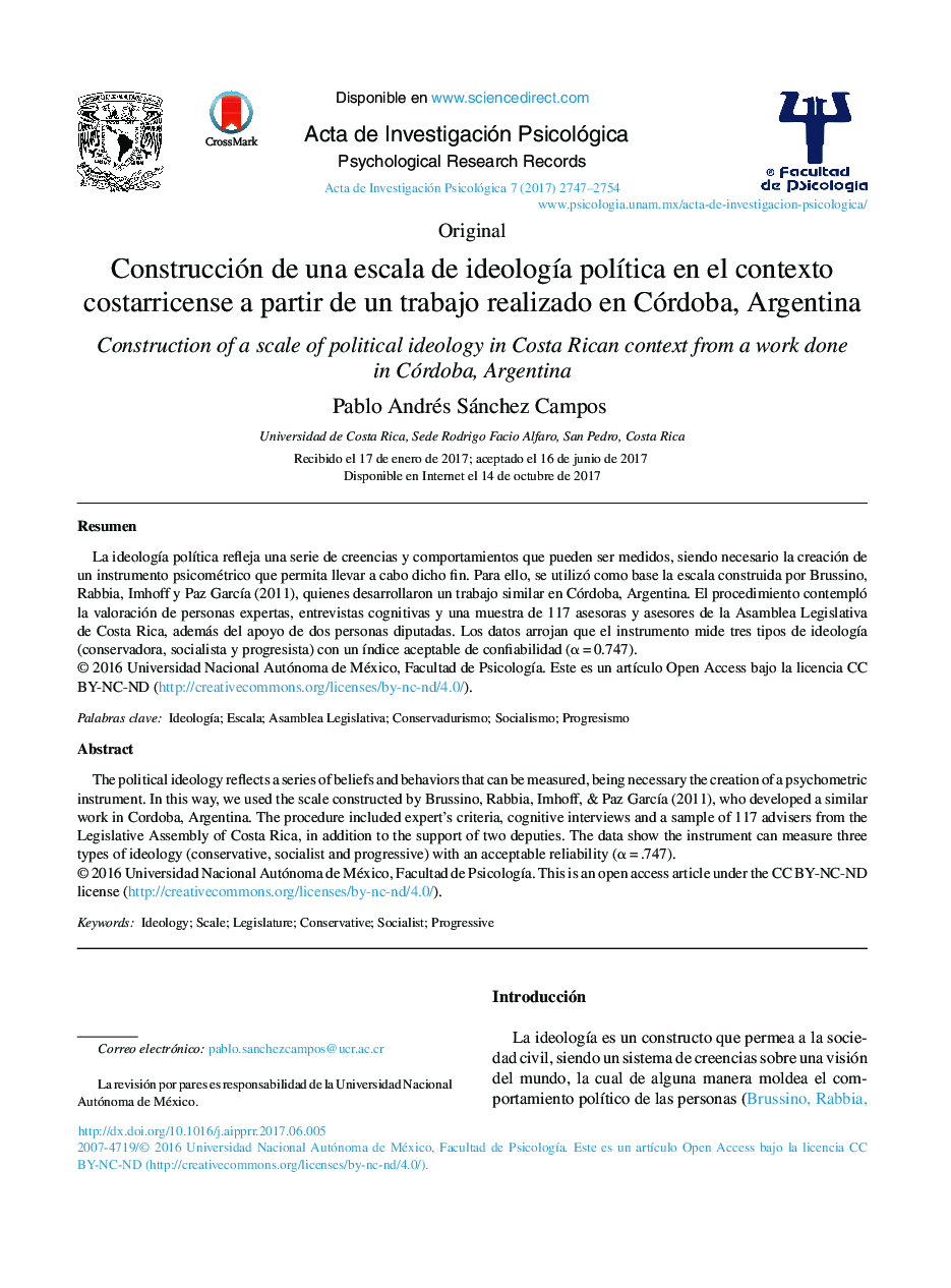 Construcción de una escala de ideologÃ­a polÃ­tica en el contexto costarricense a partir de un trabajo realizado en Córdoba, Argentina