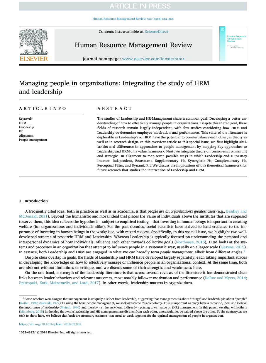 Managing people in organizations: Integrating the study of HRM and leadership