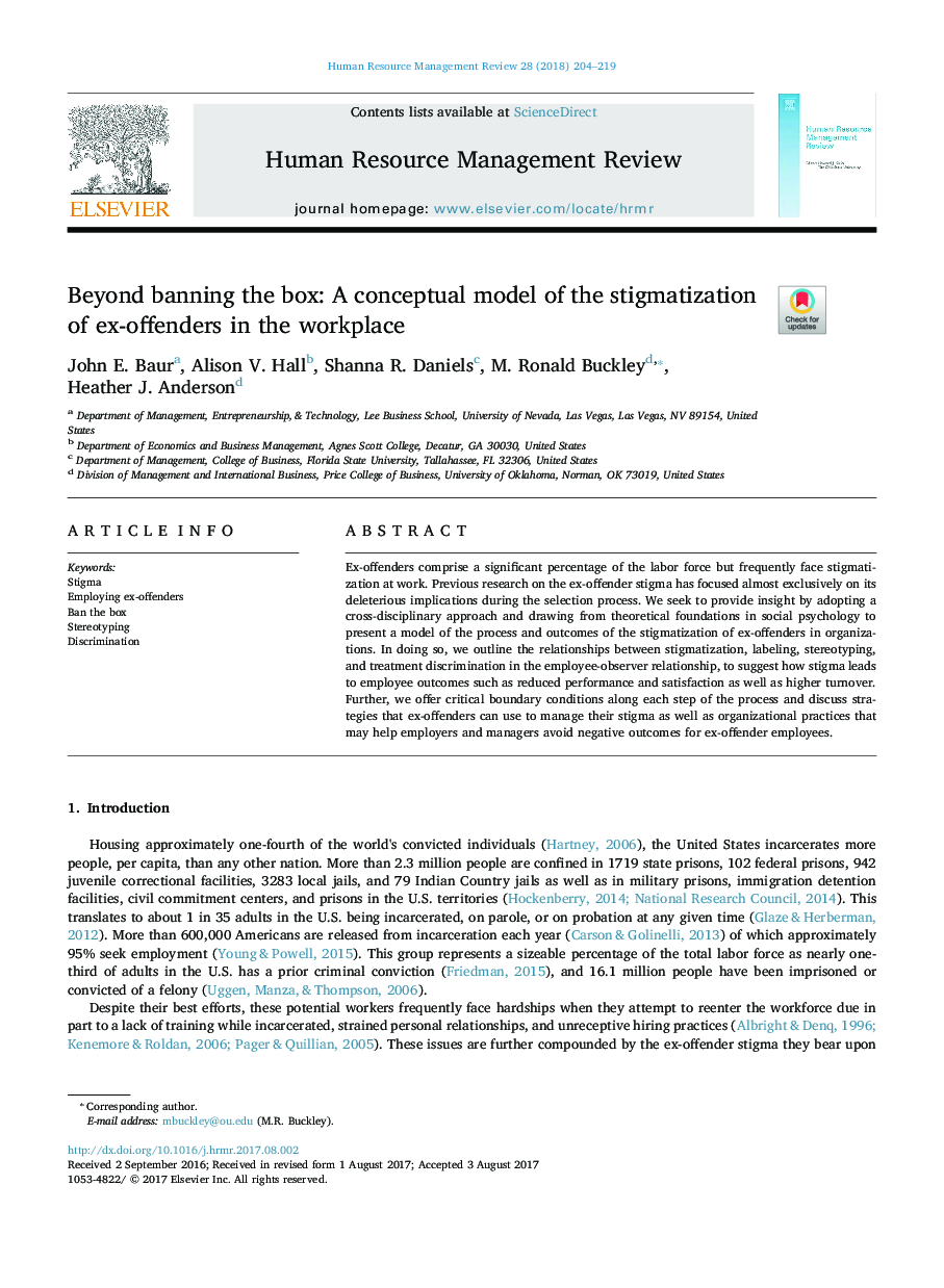 Beyond banning the box: A conceptual model of the stigmatization of ex-offenders in the workplace