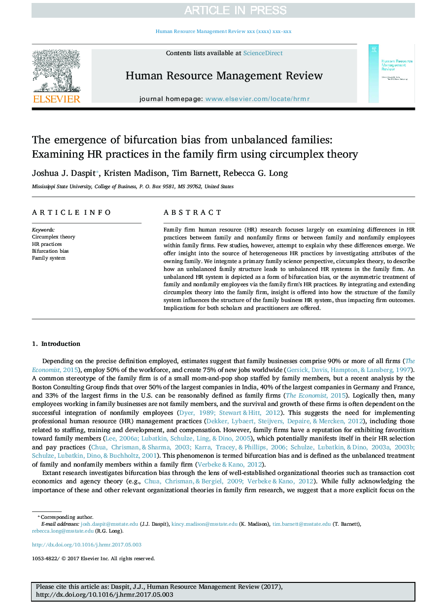 The emergence of bifurcation bias from unbalanced families: Examining HR practices in the family firm using circumplex theory