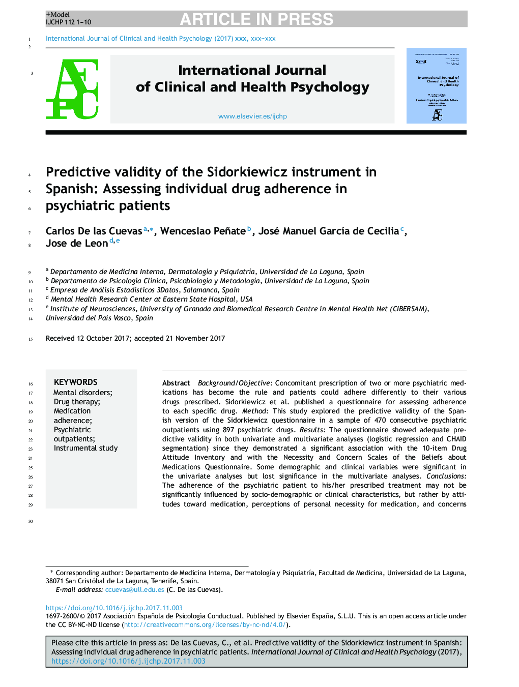 Predictive validity of the Sidorkiewicz instrument in Spanish: Assessing individual drug adherence in psychiatric patients