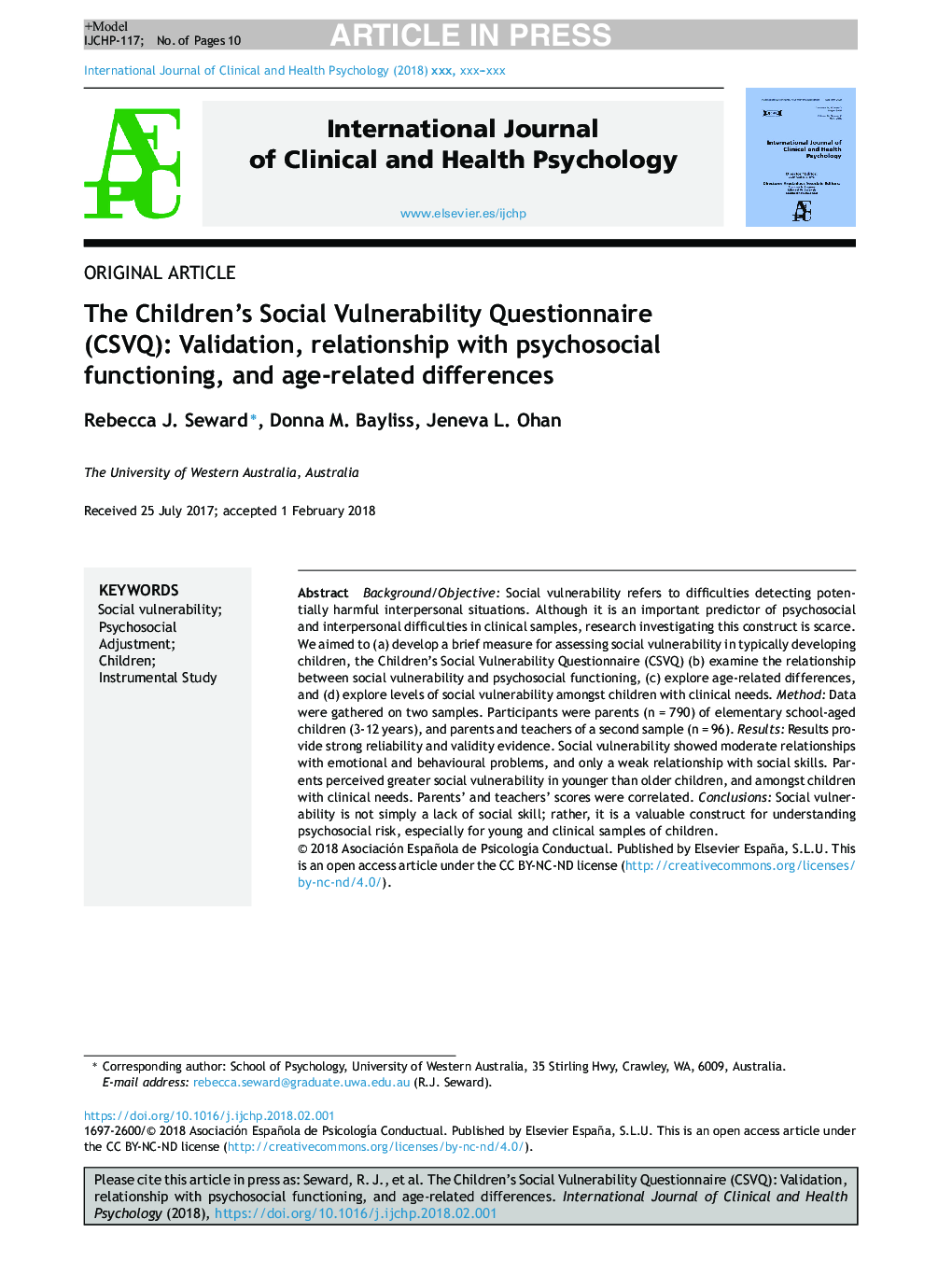 The Children's Social Vulnerability Questionnaire (CSVQ): Validation, relationship with psychosocial functioning, and age-related differences