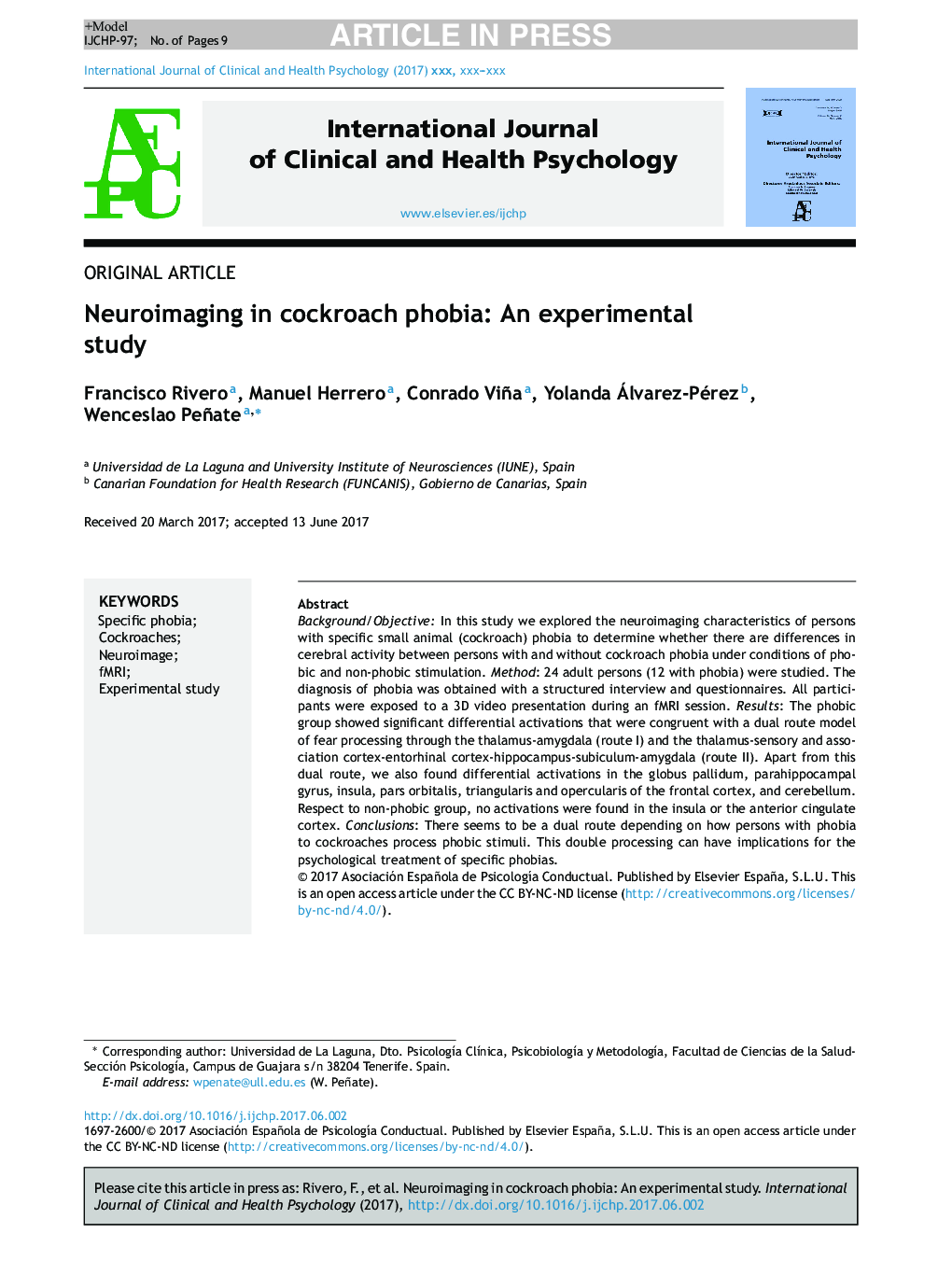 Neuroimaging in cockroach phobia: An experimental study