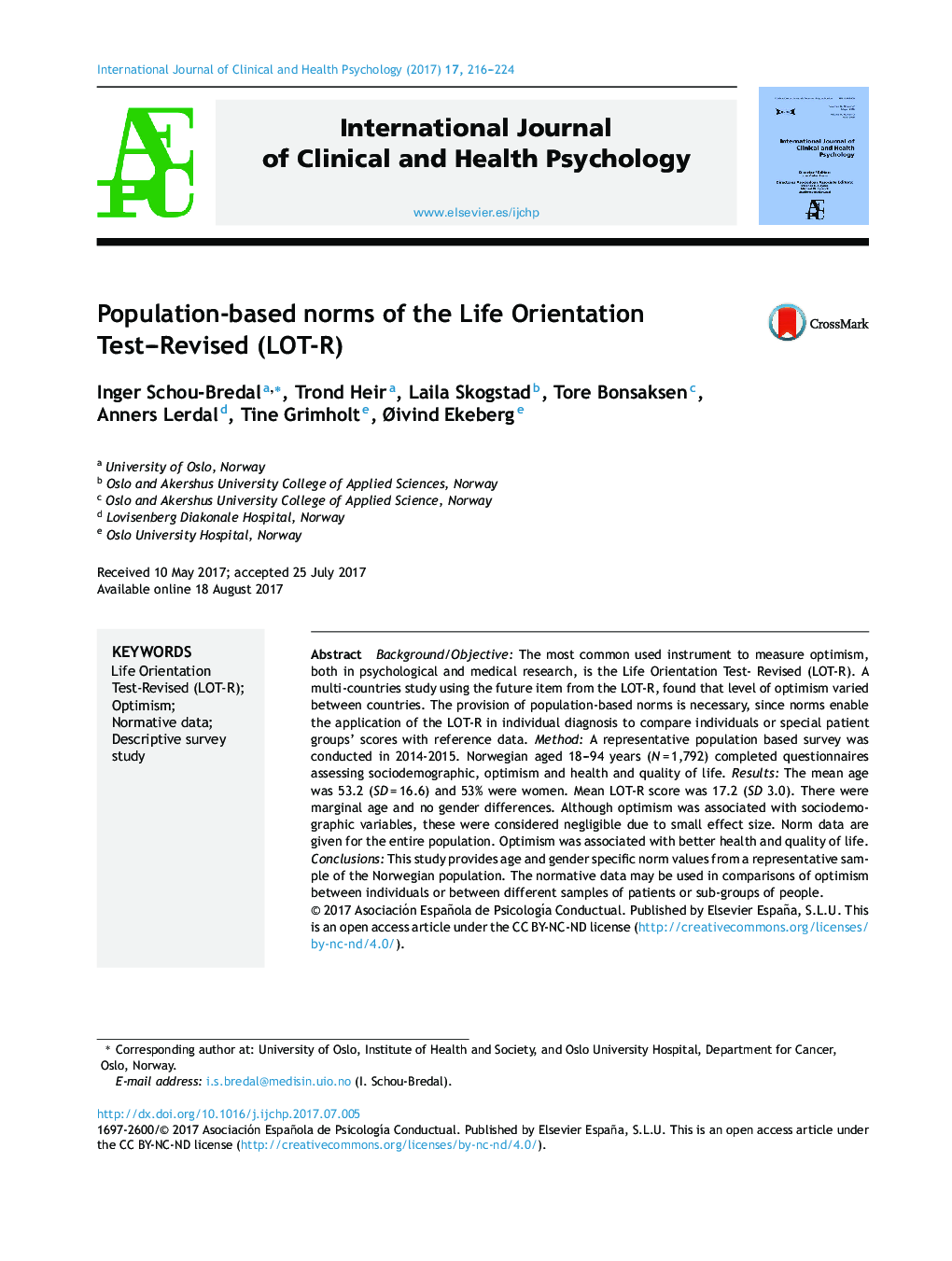 Population-based norms of the Life Orientation Test-Revised (LOT-R)