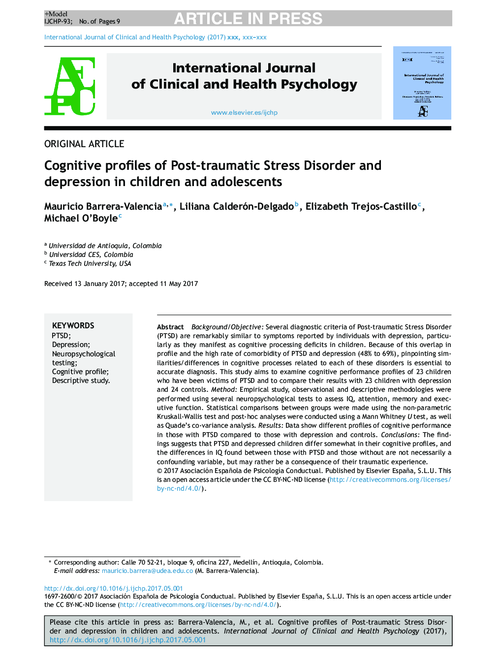 Cognitive profiles of Post-traumatic Stress Disorder and depression in children and adolescents