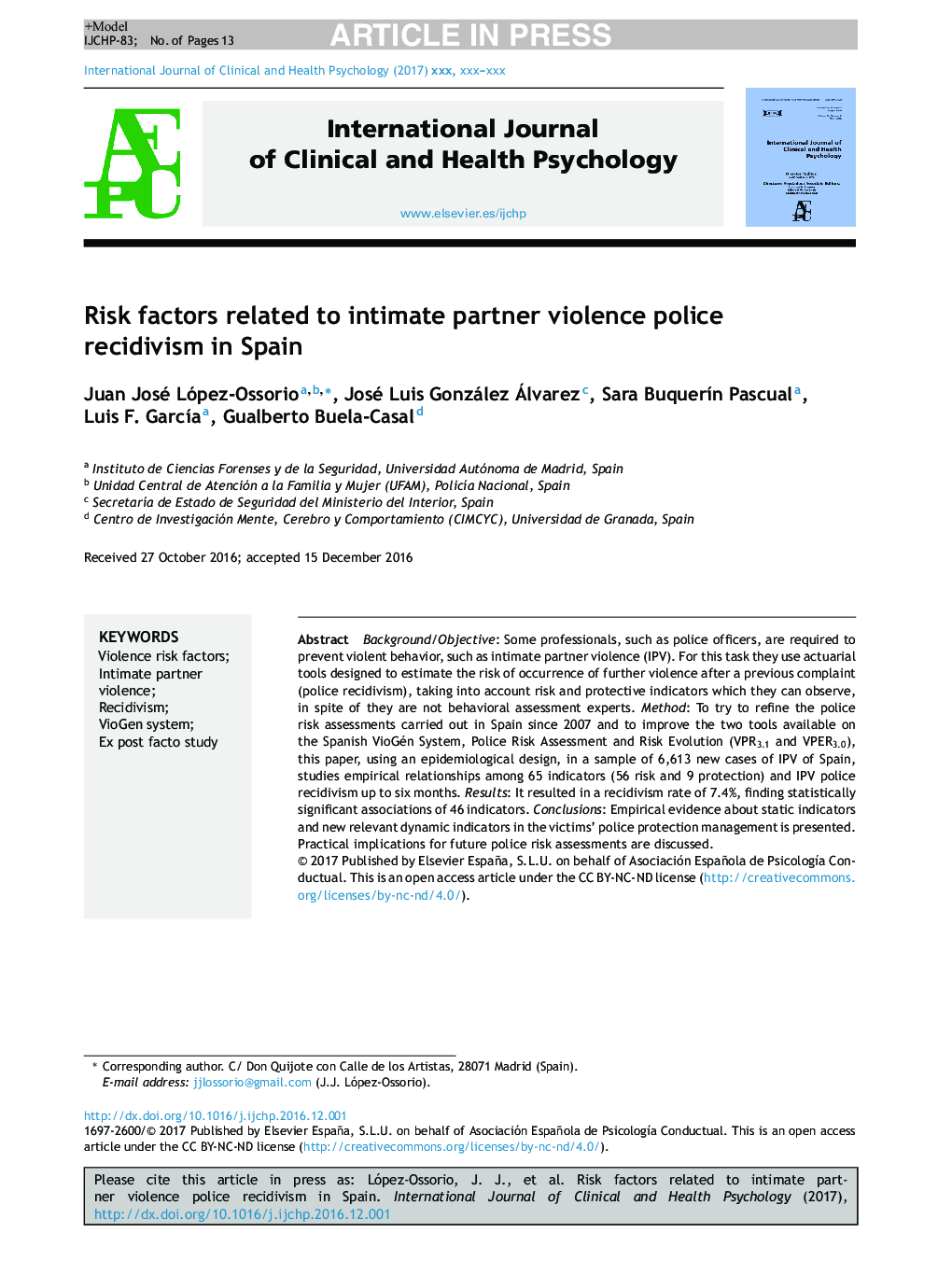 Risk factors related to intimate partner violence police recidivism in Spain